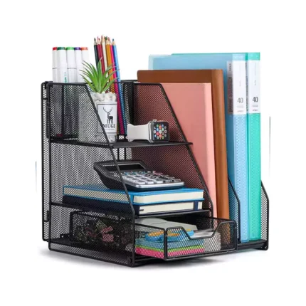 Desk Organizer, File Organizer for Desk with 2-Tier Paper Letter Tray, Drawer and 2 Pen Holder, Mesh Desktop Organization with Magazine Holder for Office Supplies